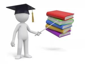 Representación en 3D de un estudiante universitario explicando las normativas TFG