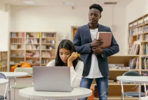 Un tutor TFG observando atentamente a su alumna.